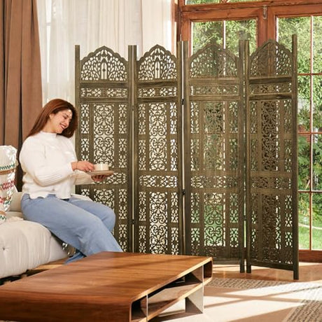 5.75Ft Room Divider Wood Screen, 33Lbs Durable Antiqued Style MDF Carved Headboard, Reversible Freestanding Folding Partition Paravent for Home Terrace, 69 * 71 inch(H*W) - 4 Panels (Antique Brown) Svimi