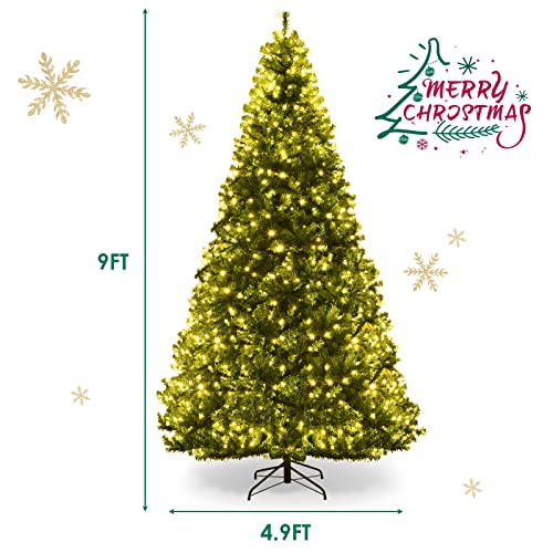 Giantex 9Ft Pre-lit Artificial Christmas Tree, Pencil Hinged Christmas Tree w/ 1000 Dual-Colored LED Lights, 2944 PVC Branches, 11 Light Modes, X-Shaped Metal Stand, Pine Xmas Tree for Home, Party