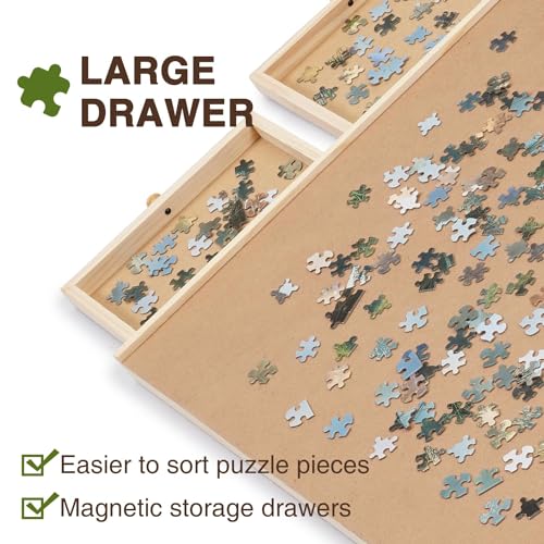 Redipo 1500 Pieces Wooden Puzzle Board, Puzzle Table with 4 Drawers, 36" x 25" Portable Lazy Susan Spinning Puzzle Boards with Cover Mat and Chess Set, Rotating Puzzle Tables for Adults and Kids Redipo