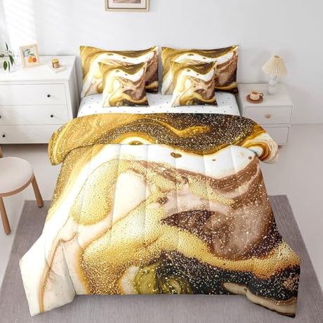 Erosebridal Comforters King Size Set with Sheets for Kids Gold White Marble Bedding,7 Pieces Bed in a Bag King Modern Bedding Sets with Comforter, Sheets, Pillowcases and Cushion Cases Erosebridal