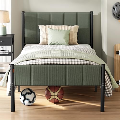 VASAGLE Twin Bed Frame with Upholstered Headboard, Metal Bed Frame Twin Size with Footboard, 550 lb Weight Capacity, Steel Slats, Easy Assembly, No Box Spring Needed, Forest Green URMB983C01V1 VASAGLE