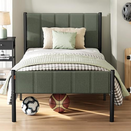 VASAGLE Twin Bed Frame with Upholstered Headboard, Metal Bed Frame Twin Size with Footboard, 550 lb Weight Capacity, Steel Slats, Easy Assembly, No Box Spring Needed, Forest Green URMB983C01V1 VASAGLE