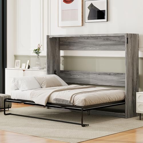 RuiSiSi Modern Metal Horizontal Murphy Bed, Full Size Lift Up Murphy Bed Cabinet, Hidden Wall Bed Foldable Horizontal Murphy Bed for Guest Room, Space Saving, Gray RuiSiSi