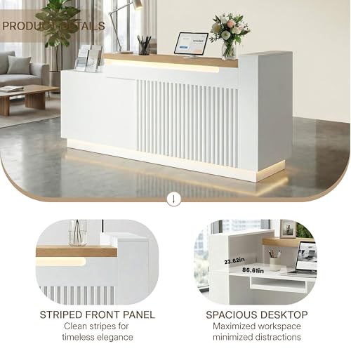 ZIMASYA 86.6" L-Shaped Reception Desk with Counter, Modern Commercial Front Desk with Power Outlets, Combination Lock Drawers, LED Lights for Office, Beauty Salon, Retail Store, White