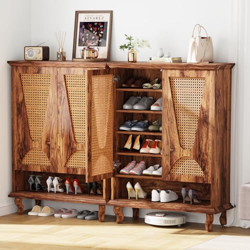 LITTLE TREE Rattan Shoe Cabinet for Entryway, 5-Tier Large Hidden Shoe Organizer Cabinet with Ventilated Doors, Modern 25-Pair Shoe Rack Closet Organizer Shoe Storage Cabinet for Bedroom LITTLE TREE