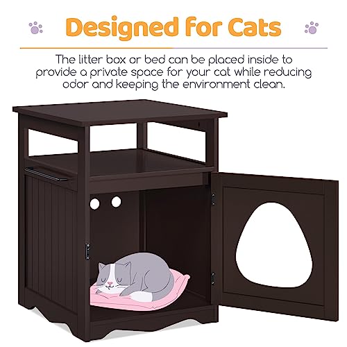 Yaheetech Cat Litter Box Enclosure, Hidden Litter Box Furniture with Open Shelf, Indoor Cat Washroom, Storage Cabinet Pet Crate, Side End Table, Wooden Pet House Espresso - WoodArtSupply