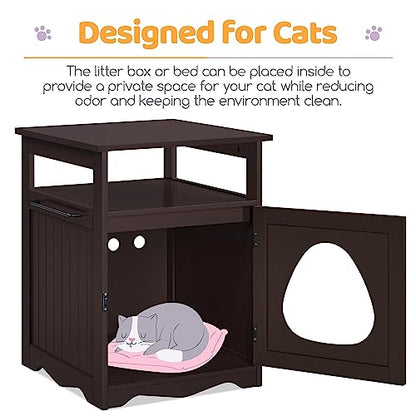 Yaheetech Cat Litter Box Enclosure, Hidden Litter Box Furniture with Open Shelf, Indoor Cat Washroom, Storage Cabinet Pet Crate, Side End Table, Wooden Pet House Espresso - WoodArtSupply