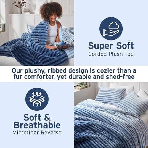 Intelligent Design Queen Comforter Set, Plush Bedding, Microfiber Reverse, 3 Piece, Lightweight, Super Soft Ribbed Velvet Comforter 2 Shams, All Season Fluffy Bed Set, Avril, Full/Queen Blue Ombre Intelligent Design