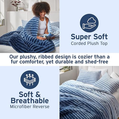 Intelligent Design Queen Comforter Set, Plush Bedding, Microfiber Reverse, 3 Piece, Lightweight, Super Soft Ribbed Velvet Comforter 2 Shams, All Season Fluffy Bed Set, Avril, Full/Queen Blue Ombre Intelligent Design