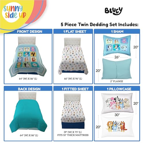 Sunny Side Up Bluey & Friends Twin Comforter Set - 5 Piece Kids Bedding Includes Comforter, Sheets & Pillow Cover - Super Soft Microfiber Bed Set Sunny Side Up