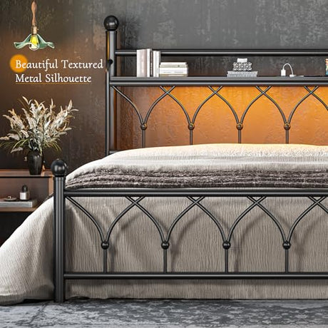 EnHomee 54" King Bed Frame with Tall Storage Headboard, Metal King Size Bed Frame with LED Lights and Power Outlets, Sturdy & Noise-Free, Metal Slats, No Box Spring Needed, Black EnHomee