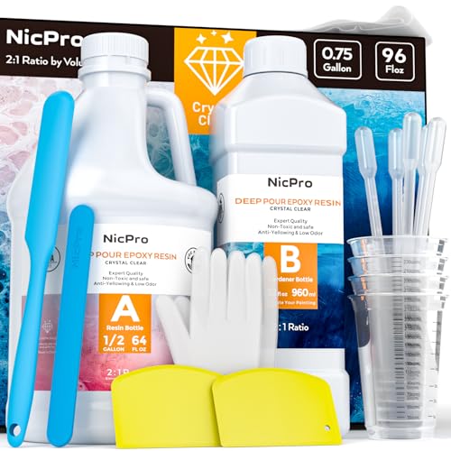 Nicpro 0.75 Gallon Deep Pour Epoxy Resin Kit, 2 to 4 Inch Depth Crystal Clear & High Gloss, Bubble Free Epoxy Resin for Craft River Table,Wood Filler, Bar Top, Coating Casting, Self Level 2:1 Nicpro