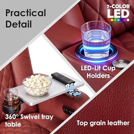 PBRO Home Theater Seating Genuine Leather Recliner Chair, Power Reclining & Headrest, USB A/C Charging Ports, Tray Table, Cup Holder Ambient Lighting Red Row of 1 PBRO