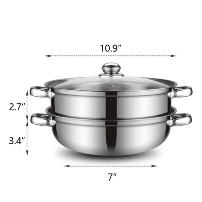 Steamer Pot for Cooking 11 inch Steamer Pot 2-tier Multipurpose 18/10 Stainless Steel Steam Pot Cookware with Lid for Vegetable, Dumpling, Stock, Sauce, Food