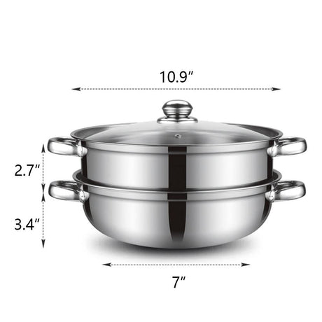 Steamer Pot for Cooking 11 inch Stainless Steel, 2-tier Multipurpose 18/8 Stainless Steel Steam Pot Cookware with Lid for Vegetable, Dumpling, Stock, Sauce, Food LCPUD
