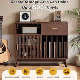 IRONCK Large Record Player Stand, 500+ Vinyl Record Storage Cabinet with Drawer, Record Player Table with Sliding Door & Flip-Top, Mid-Century Modern Turntable Stand for Living Room, Red Walnut IRONCK