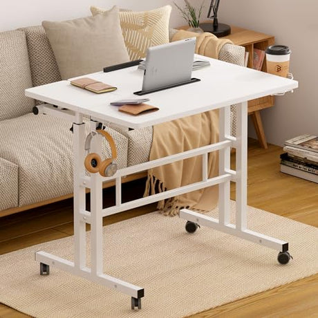 SogesHome 31.5 inch Mobile Standing Desk Adjustable Computer Desk Rolling Laptop Cart Portable Laptop Stand on Wheels Home Office Workstation with Cup Holder,Headphone Holder, Upgrade White SogesHome