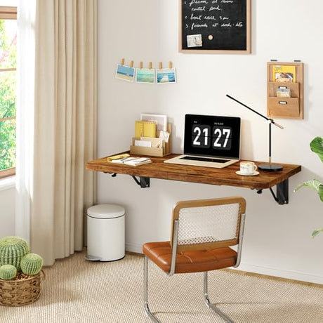 IBUYKE Wall Mounted Folding Table, Floating Wall Desk for Small Spaces, Fold Down Laundry Shelf with Heavy-Duty Brackets, Wall Table for Home Office/Bar/Kitchen/Dining, Rustic Brown UTVT005H IBUYKE