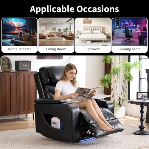 Zuacs Home Theater Seating, Power Recliner with Cooling Cup Holder & Heating Massage, Electric Recliner Chair with Tray Table, USB Charging, Manual Headrest for Living Room,Matte Black