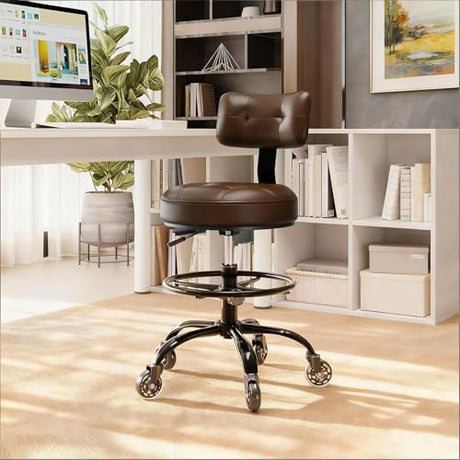 Office Drafting Chair with Footrest, Tall Height Adjustable Stool with Back Support, Heavy Duty Rolling Stool Chair with Wheels for Office Home Kitchen Bar Shop Guitar Studio Medical Vanity(Brown) FREEKYROCK
