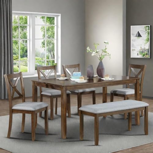 Trygoal 6-Piece Dining Table Set for 4-6 People, Kitchen Set with 4 Upholstered Chairs and One Bench, Living Room Chairs with X-Shape Backrest, Rectangular Wooden Table for Home Bar, Walnut Trygoal