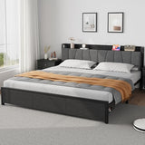 GarveeHome King Size Bed Frame with Storage Headboard, Black King Platform Bed with 2 Large Drawers and Charging Station, Industrial No Box Spring Needed Bedframe GarveeHome