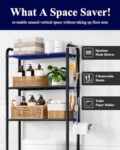 Kitsure Over Toilet Storage Rack - Metal Over Toilet Bathroom Organizer Shelf, Over the Toilet Storage Cabinet with Paper Holder and Hooks, Bathroom Cabinet for Laundry, Black, 3 Tiers (63.2" H) Kitsure