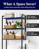 Kitsure Over Toilet Storage Rack - Metal Over Toilet Bathroom Organizer Shelf, Over the Toilet Storage Cabinet with Paper Holder and Hooks, Bathroom Cabinet for Laundry, Black, 3 Tiers (63.2" H) Kitsure