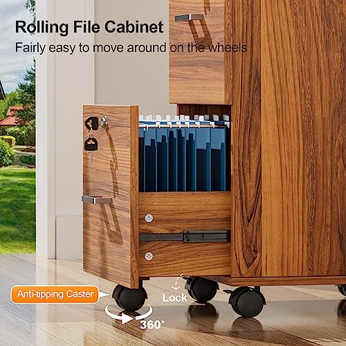 VINGLI 2-Drawer Rolling File Cabinet with Lock, Wood Mobile Filing Cabinet for Hanging Letter Size Filings Under Desk File Cabinet for Home Office, VINGLI