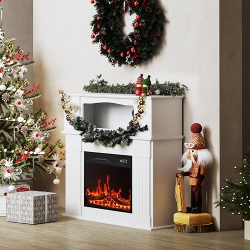 BOSSIN 43" Electric Fireplace with Mantel, 14-Color LED Light Strip, 23 inch Insert, Freestanding TV Stand with Heater, Wooden Surround, Faux Log & LED Flames, Remote Control, 750W/1500W, White BOSSIN