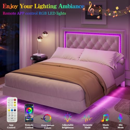 Garvee Floating Bed Frame Full Size with Smart Led Lights, Upholstered Platform Bed with Diamond Headboard, Solid Wood Slats Support, No Box Spring Needed, Noise-Free, Easy Assembly, White Garvee
