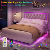 Garvee Floating Bed Frame Full Size with Smart Led Lights, Upholstered Platform Bed with Diamond Headboard, Solid Wood Slats Support, No Box Spring Needed, Noise-Free, Easy Assembly, White Garvee