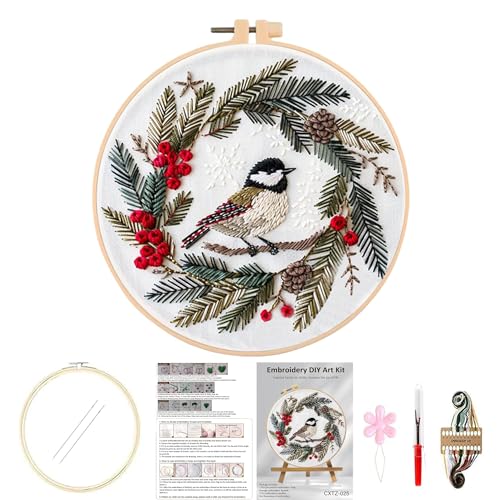 Huacan Embroidery Kits for Adults Beginner DIY Cross Stitch Stamped Christmas Pattern Stitching Wreath Sewing Kit 1 Piece 7.8 x 7.8 Inch