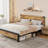 GAOMON King Bed Frame with Vintage Wood Headboard and Under-Bed Storage - Durable, Noise-Free Design GAOMON