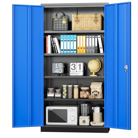 INTERGREAT Metal Storage Cabinets 72” Black Blue Garage Steel Storage Cabinet with Doors and Shelves, Steel File Cabinet for Home Office, Basement, Warehouse, Classroom（Anti Tipping） INTERGREAT