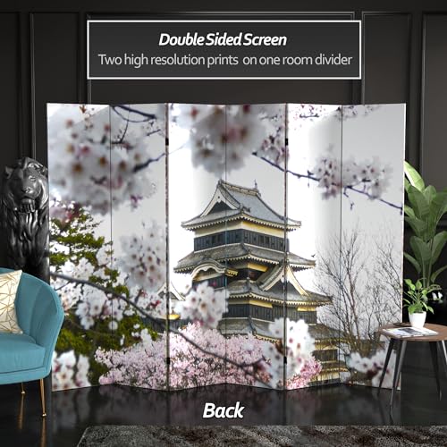 Red Lantern 6 ft. Tall Double Sided Cherry Blossoms Canvas Room Divider 6 Panel Freestanding Folding Privacy Screen, Partition, and Separator for Modern and Contemporary Bedroom, Home Office, Studio Red Lantern