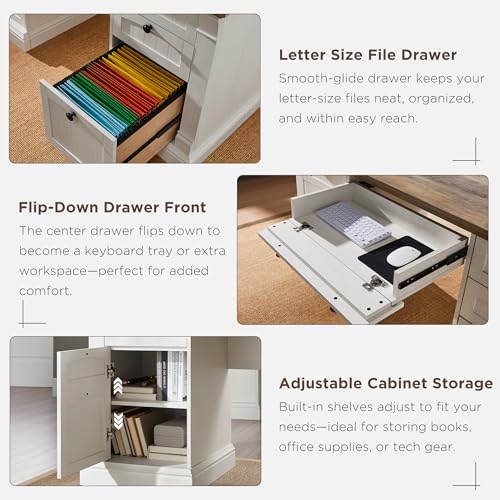 OKD 60" Executive Desk with Hutch and Drawers, Farmhouse Home Office Desk with Charging Station, Keyboard Tray, File Cabinet Storage, Wood Computer Desk for Work and Study, Antique White OKD