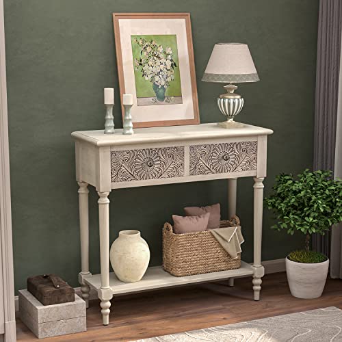 COSIEST Console Table with 2 Drawers, MDF Narrow Entryway Table with Storage Shelf, Wood Accent Sofa Table for Living Room, Entrance, Hallway, Couch, Light Grey COSIEST