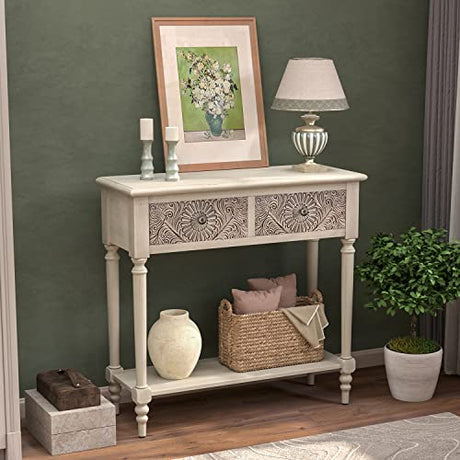 COSIEST Console Table with 2 Drawers, MDF Narrow Entryway Table with Storage Shelf, Wood Accent Sofa Table for Living Room, Entrance, Hallway, Couch, Light Grey COSIEST
