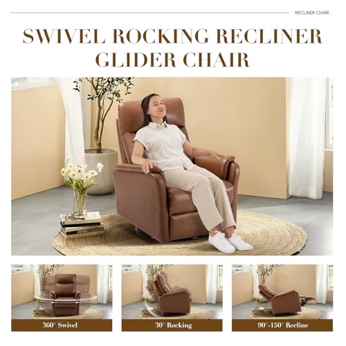 Swivel Rocking Recliner Glider Chair, Leather Nursery Reclining Rocker Chair with Footrest, Ergonomic Backrest, Wide Seat Cushion and Metal Base-Cocoa COLAMY