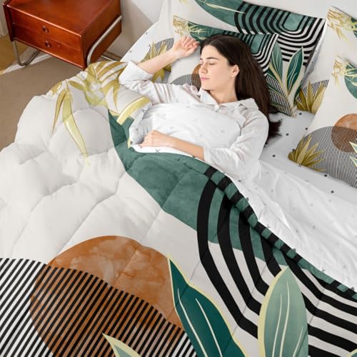 Erosebridal 7 Piece Boho Mid Century Bedding Sets Full Modern Abstract Geometric Comforter Set for Women Men,Retro Minimalist Aesthetic Bed in a Bag Line Art Sheet Set with Comforter,Green Erosebridal