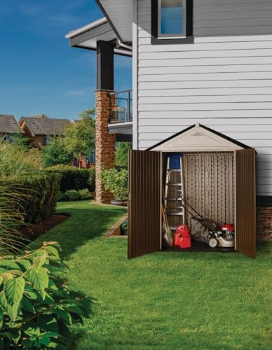 Rubbermaid Resin Outdoor Storage Shed With Floor (7 x 3.5 Ft.), Weather Resistant, Brown/Grey, Organization for Home/Lawn Mower/Backyard Equipment/Bike Storage/Pool Supplies Rubbermaid