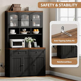 GarveeHome Pantry Cabinet with Charging Station, Tall Kitchen Pantry Storage Cabinet with Hutch,70.8 Inch Kitchen Cabinet with 30mm Thickened Countertop, Fluted Glass Doors, for Dining Room, Balck GarveeHome