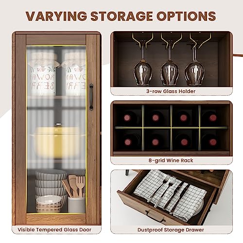 LOKO Wine Bar Cabinet, Farmhouse Coffee Bar Cabinet with Tempered Glass Door, 3-Row Glass Holder & 8-Grid Wine Rack, Buffet Sideboard with Wine Display, Rustic Brown - WoodArtSupply