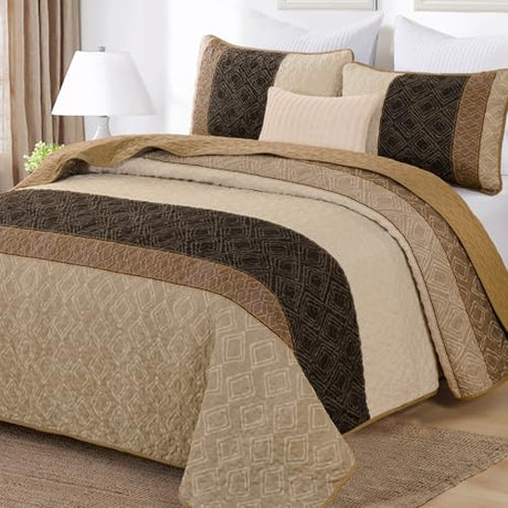 Boho Queen Quilt Set,Striped Plaid Bedspread Coverlet Set,Light Brown Bedding Set Soft Microfiber Bedding Set with 2 Pillow Shams 96"x90" Cottolester