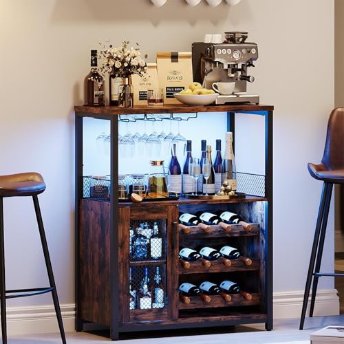 IDEALHOUSE Wine Bar Rack Cabinet with Light, Adjustable Shelves Coffee Bar Cabinet with Mesh Door and Baffle Design, 36 in Tall Small Liquor Bar Cabinet for Home, Kitchen, Dinning Room, Rustic Brown