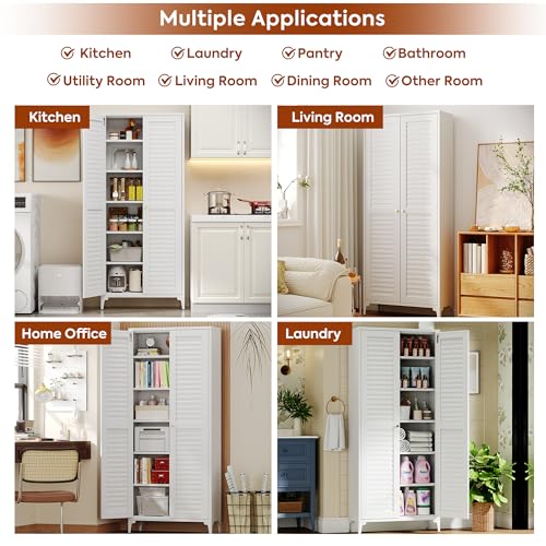 GangMei Metal Kitchen Pantry Cabinet with 2 Doors,Metal Pantry Cabinet with 5 Adjustable Shelves for Kitchen,Home,74.2" H × 31.5" W × 15.75" D,Required Assembly, White GangMei