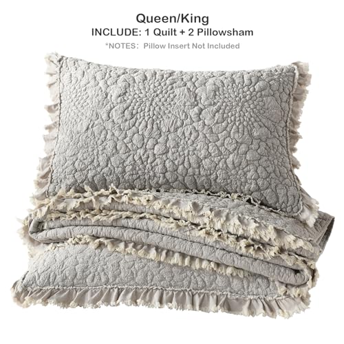 HORIMOTE HOME Beige Ruffled Quilt King Size, Stone-Washed Microfiber Lightweight Crinkled Farmhouse Rustic Shabby Chic Bedding Set, 3 Pieces Reversible Bedspread with Pillow Shams for All Season HORIMOTE HOME