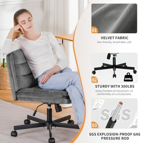 COMHOMA Cross Legged Office Chair with Wheels Armless-Office Desk Chair, Modern Vanity Computer Task Chairs for Home Bedroom, Comfortable Wide Seat for Lower Back Pain Relief, Soft Velvet, Gray COMHOMA