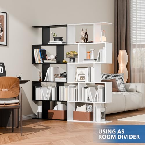 Cozy Castle Set of 2 Geometric Bookcase, S-Shaped Modern Bookshelf, Room Divider Bookshelf, 62" Tall Unique Abstract Bookcase with 5-Tier Display Shelf for Living Room Office, White & Black Cozy Castle